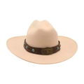 Beige jazz fedora hat featuring a brown leather band and western turquoise bull buckle - One Size / Beige Wrapped Edge (Turquoise Bull Head)