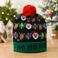 Detail of knitted Christmas hat with LED lights, pompom, and reindeer snowflake pattern - Black HOHO Santa Reindeer