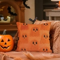 Orange plush Halloween ghost pillow cover with 3D fuzzy texture for sofa decor - 18x18 Inch / Orange Ghost