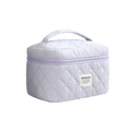 Lavender quilted makeup bag with top handle and diamond lattice texture for travel - Purple