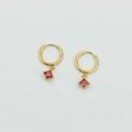 Elegant gold titanium steel hoop earrings featuring square red zircon gemstone pendants - Gold Red Square Earrings