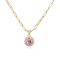 Dettaglio macro della collana placcata oro 18K con gemma rosa e alone di zirconi - Rosa