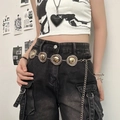Bohemian gold metal chain belt with circular medallion links and adjustable clasp - Round Embossed Medallion Style (K0282B)