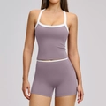 Tweeledige yoga-set voor dames met lila top en korte broek met hoge taille slim fit - S / Tanktop + Shorts / Taropaars