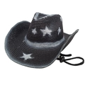 Detail of grey woven cowboy hat with silver star print and adjustable chin strap - M(56-58cm) / Black