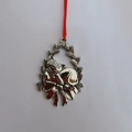Silver metal cat wreath ornament with red ribbon for Christmas tree decoration - Cat With Bow