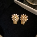 Exquisite 18k gold plated flower basket earrings with pearls and zircon stones - Flower Basket Stud Earrings (HE31484-2) / Gold