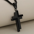 Minimalist black stainless steel cross pendant with layered design and metal chain - Black (Pendant Only)