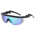 Sporty shield sunglasses with blue mirrored lens and black lightning-shaped temples - Black Frame Spotted Green Lens