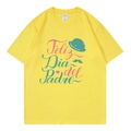 Bright yellow cotton T-shirt with Feliz Dia del Padre print and green hat icon - XS / Tops / Yellow (317)