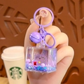 Purple glitter oil-filled lucky cat keychain with acrylic cube pendant and bell charm - Luminous Lucky Cat-Purple