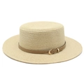 Chapeau de paille beige à bord large et ceinture en cuir marron décorative - M (56-58cm) / Poche zippée