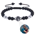 Detail of custom photo projection bracelet with matte black beads and braided cord - White Crystal & Matte Stone Bracelet