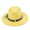 Detail of yellow wool felt fedora featuring black leather band with turquoise and silver studs - Yellow