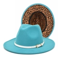 Two-tone wool felt fedora in tiffany blue with leopard print brim and white leather band - M (56-58cm) / Lake Blue