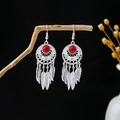 Bohemian silver earrings with red beads and vintage metal feather tassels on wood - Silver + Red Bead + Feather Tassel (E5809-1/Red)