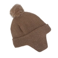 Close-up of warm brown knit winter hat with shiny metallic yarn and fluffy pom-pom detail - 2-6 Years Old / Khaki