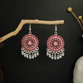 Ethnic bohemian drop earrings with red mandala patterns and silver bead tassels - Silver Red Mandala Round Bead Tassel(E2438-2)