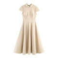 Elegante vestido midi color albaricoque con cuello alto, manga corta y lazo posterior - XS / Blanco Roto