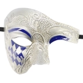 Detail of silver and blue phantom opera mask with crackle finish and vine patterns - Blue Checkered
