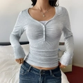 Women's Y2K grey V-neck long sleeve top with button placket and ruched details - XS / Mottled Grey