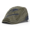 Detailed embroidery on vintage olive green flat cap with blue patchwork and Boston text - Olive Green (C)