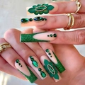 Emerald green French style press-on nails with 3D flower petals and luxury gemstones - Emerald Green Luxury Floral Rhinestone Style (SGCY-392) / Glue Type