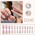 Long pink gradient press-on nails with floral prints and heart-shaped blue rhinestones - Pink Purple Gradient Floral Heart Rhinestone (D240)