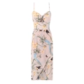 Robe longue rose à fleurs avec fente et imprimé oiseaux tropicaux et découpe - S / Imprimé Rose