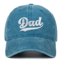 Close-up of Dad embroidery on washed blue cotton baseball cap with detailed stitching - Lake Blue (Dad)