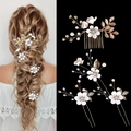 Detailed bridal hair set featuring white flowers, gold leaves, and faux pearls on a comb - Four-Piece Set / White Flower Gold Thread