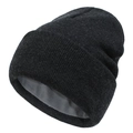 Detail view showing black knitted exterior and thick gray fleece lining for winter warmth - Black and Gray