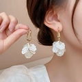 Detailed shot of white layered petal earrings with gold hooks and central crystals - 3# 925 Sterling Silver Earring Post - White/Gold Leaf Vein Texture Long Style