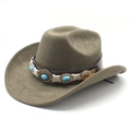 Detailed view of western felt hat featuring ethnic turquoise stones and leather band - M (56-59cm) / Army Green Suede