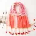 Pink and orange bohemian paisley linen scarf with colorful tassel edge trim - SL2007-034 (Pink Orange Geometric Floral Tassel)