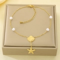 Bracelet de cheville élégant doré avec étoile de mer, coquillage et perles blanches - Style Perle Coquille Étoile de Mer (KJ4492-SXSJ)