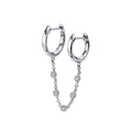 S925 silver double hoop earrings with linked chain and bezel set cubic zirconia gems - 6-Silver Double Hole Hoop Chain(Single)
