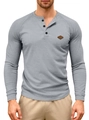 Men's grey waffle knit Henry shirt with long sleeves and leather patch detail - Light Gray