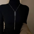 Silver adjustable necklace with three deep blue square gems and long metal tassels - Blue Gemstone Tassel Style (39#)