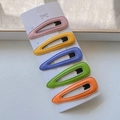 Detailed view of five colorful PU leather hair clips on a white display card set - Bright Color Waterdrop