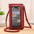 Red touch screen cell phone crossbody bag in lychee pattern leather with clear window - Red