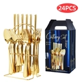 24-piece golden stainless steel cutlery set with matching wire storage rack and box - 24-Piece Set / Gold