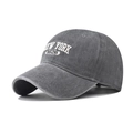 Close-up of white NEW YORK 1625 embroidery on washed grey cotton baseball cap - Adjustable / Grey NEW YORK