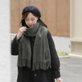 Deep grey cashmere scarf with classic fringe edges worn by a model in black coat - 200*70cm / Velvet-Touch Tassel Style / Marl Grey