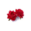 Bohemian hair comb with two realistic red roses and green leaves on silver metal - FS11-5 Red