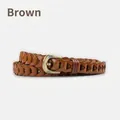 Classic woven brown leather belt for women featuring a vintage brass buckle and pin closure - Brown / 105cm