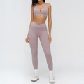 Two-piece mauve yoga set featuring V-neck sports bra and high-waisted leggings with side pockets - S / Top And Bottom / Sports Bra + Leggings / Smoky Purple