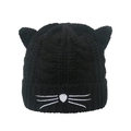 Warme Strickmütze für Damen in Schwarz mit Katzenohren und weißer Barthaar-Stickerei - M(56-58cm) / Schwarz