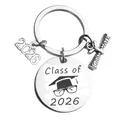 Polished stainless steel Class of 2026 graduation keychain with multiple charms on white background - Silver (xk124)