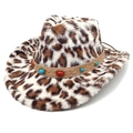 Cappello da cowboy leopardato in ecopelliccia con cinturino in pelle e pietre miste - M (56-58cm) / Corona a Cuore Beige